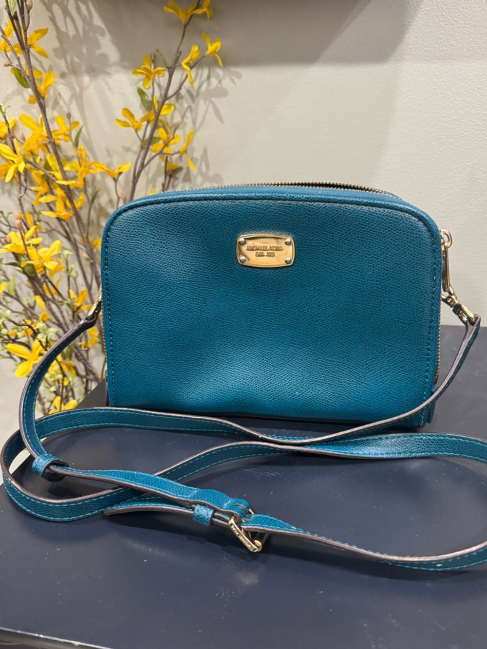 Michael Kors Teal Leather double zip Crossbody with Gold Logo Plate